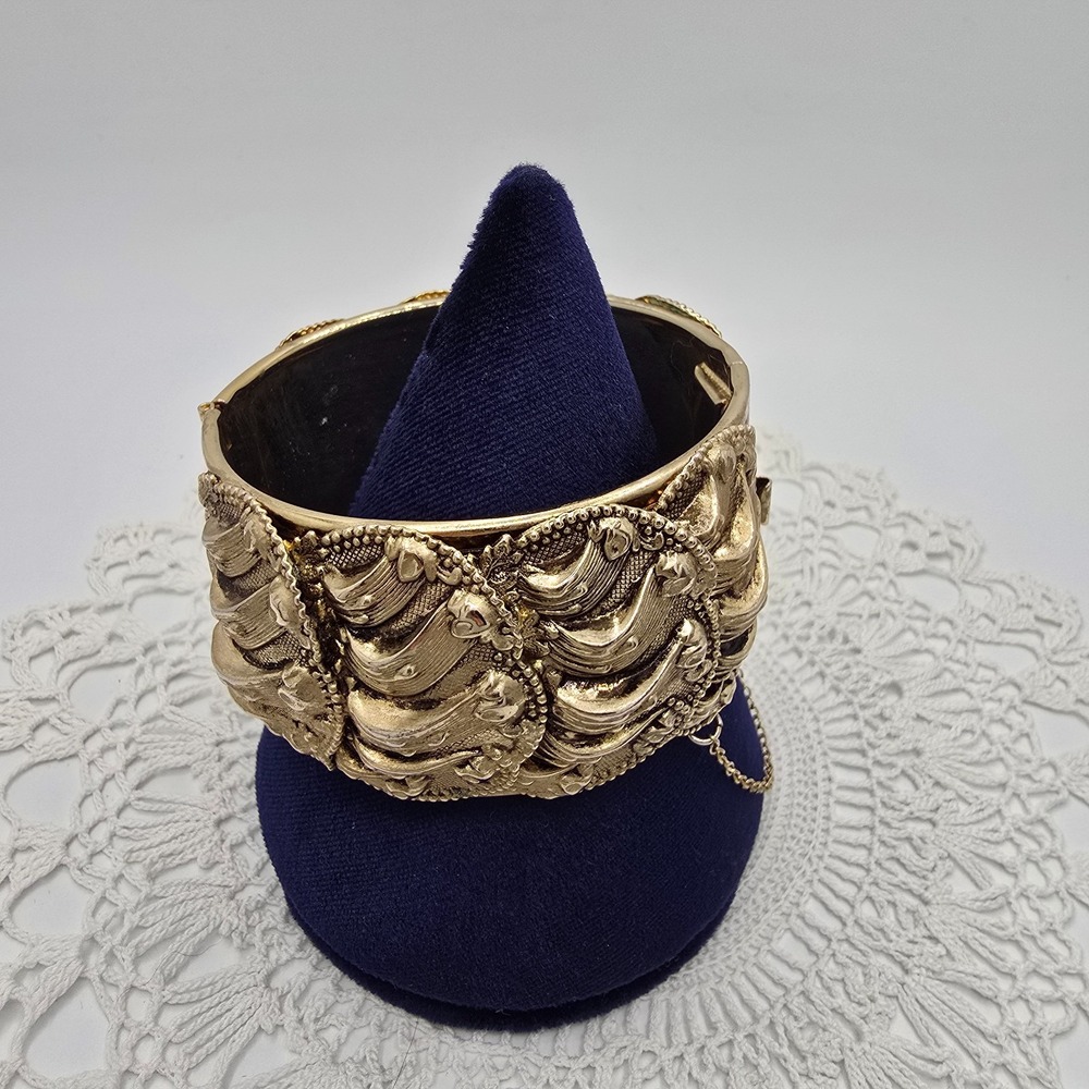 Vintage Wide Hinged Cuff Bracelet Bangle Art Nouveau Style Gold Tone  6.5"